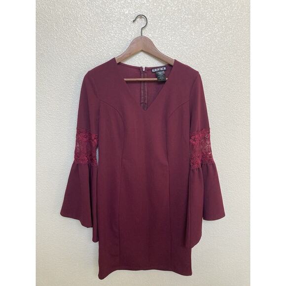 Paper Doll wine red mini dress medium long flare sleeves lace 70s wedding boho - Picture 1 of 4